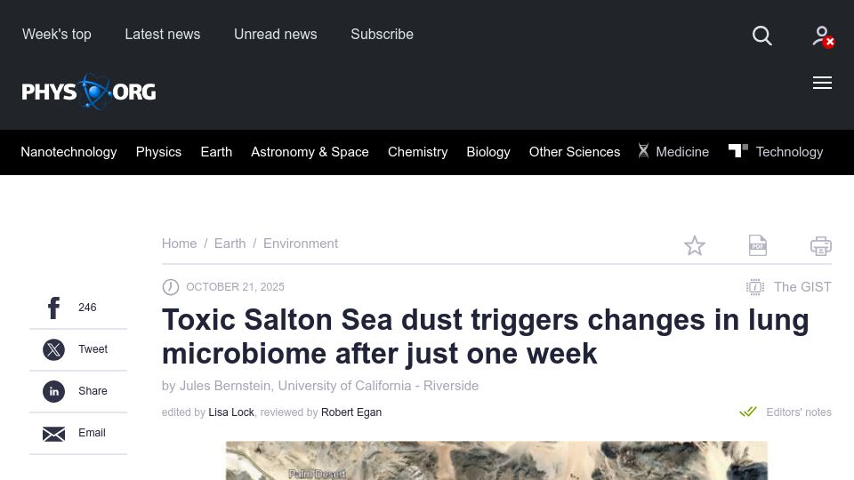 Screenshot of phys.org: Toxic Salton Sea dust triggers changes in lung microbiome after just one week
