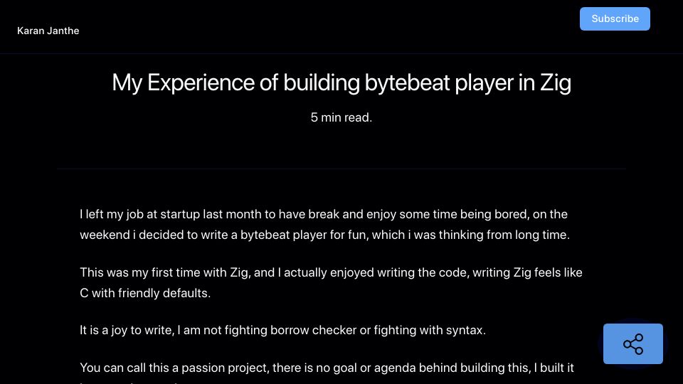 Screenshot of blog.karanjanthe.me: My Experience of building Bytebeat player in Zig