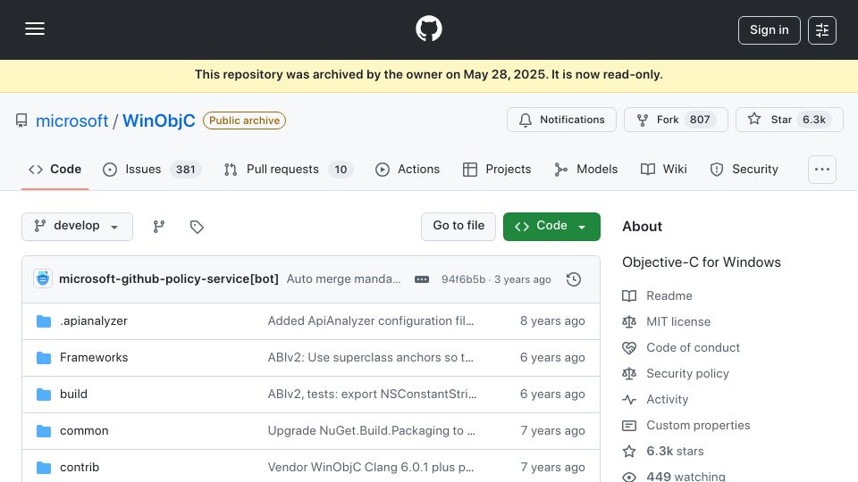 Screenshot of github.com: WinObjC – The Windows Bridge for iOS