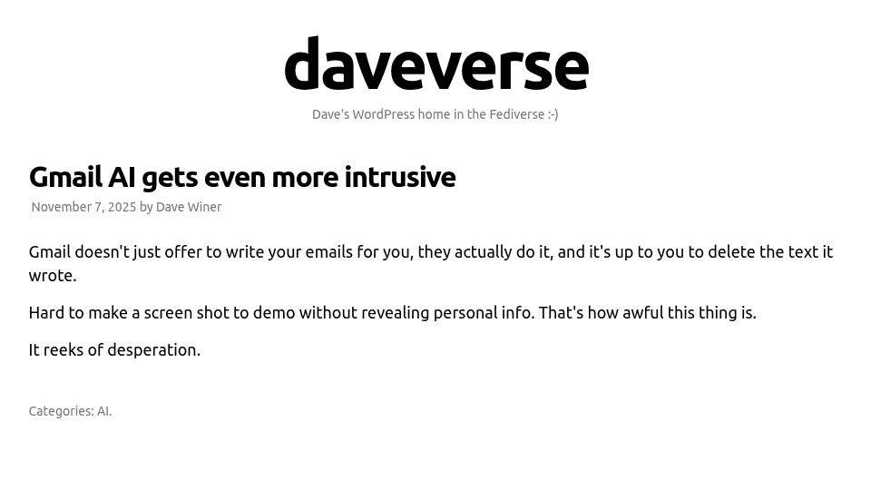 Screenshot of daveverse.org: Gmail AI gets more intrusive