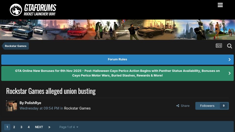 Screenshot of gtaforums.com: Rockstar employee shares account of the company's union-busting efforts