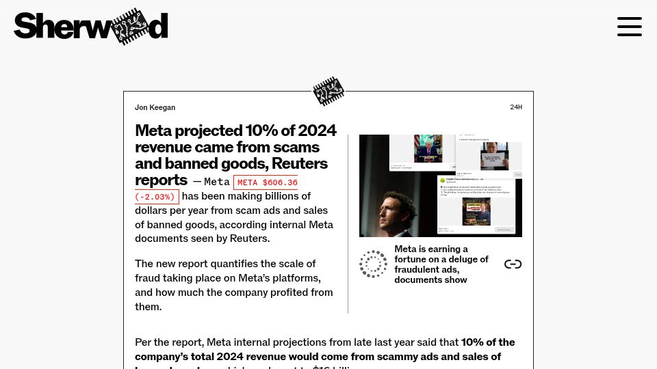 Screenshot of sherwood.news: Meta projected 10% of 2024 revenue came from scams