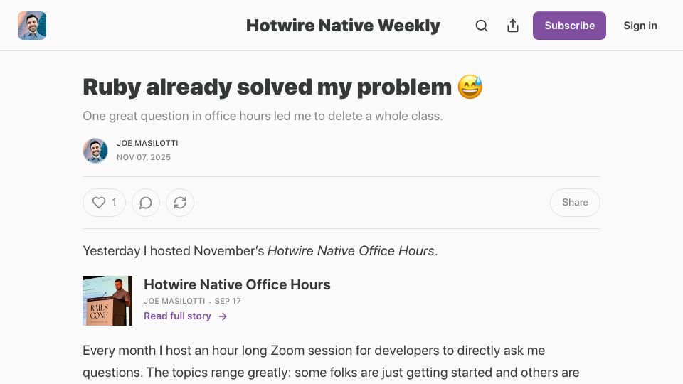 Screenshot of newsletter.masilotti.com: Ruby already solved my problem