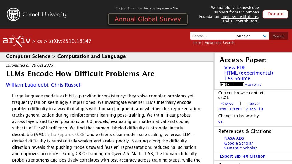 Screenshot of arxiv.org: LLMs encode how difficult problems are