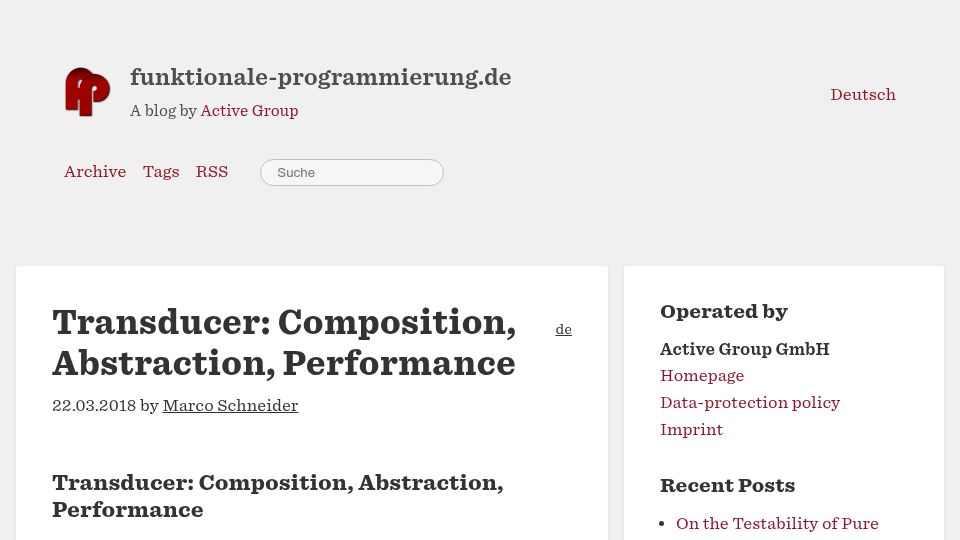 Screenshot of funktionale-programmierung.de: Transducer: Composition, abstraction, performance (2018)