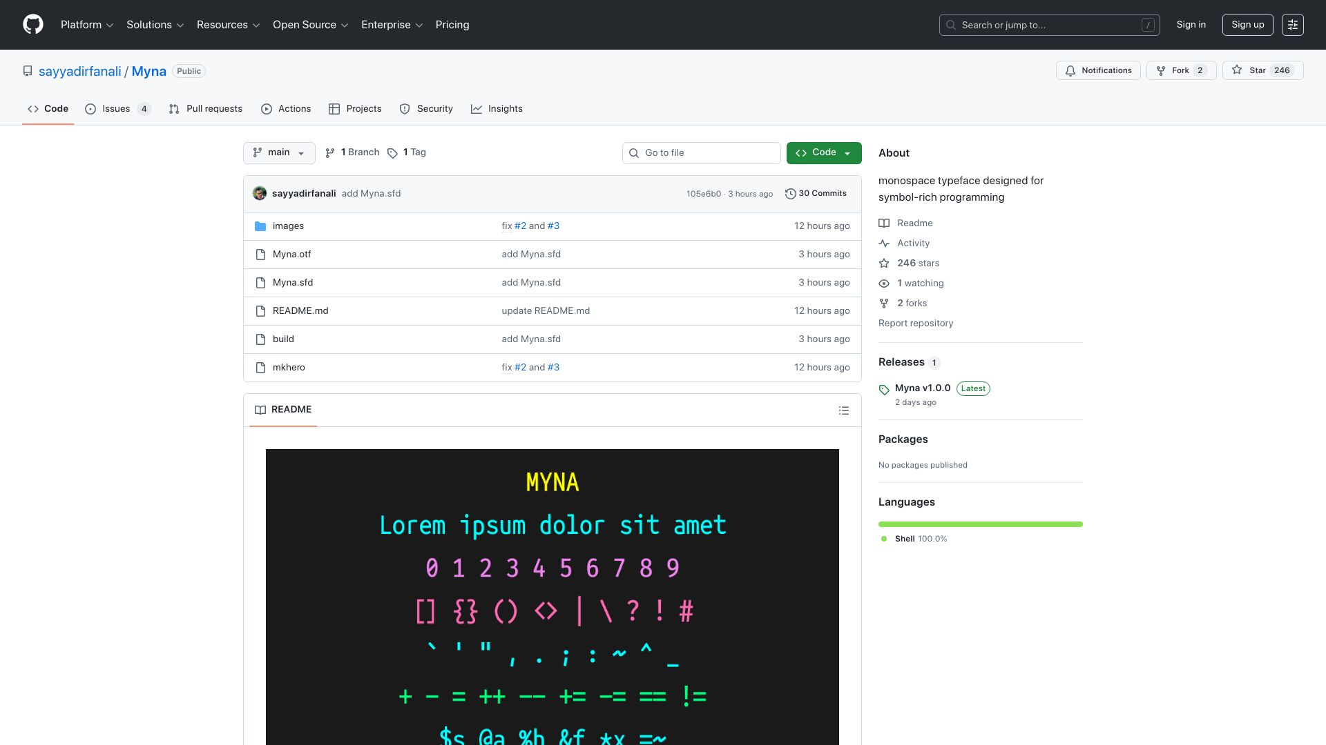 Screenshot of github.com: Myna: Monospace typeface designed for symbol-heavy programming languages
