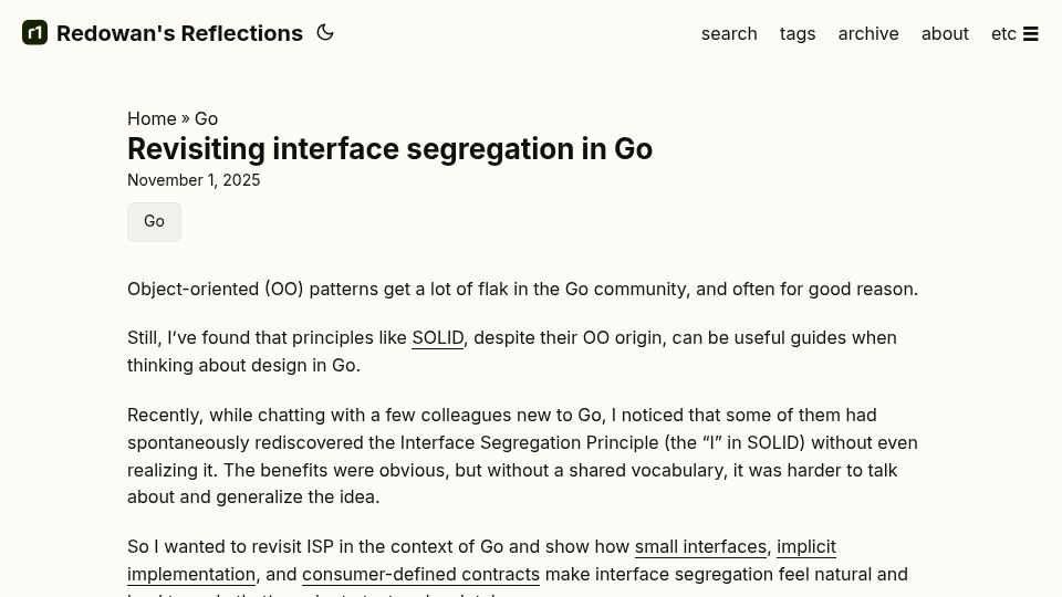 Screenshot of rednafi.com: Revisiting Interface Segregation in Go