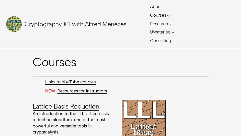Screenshot of cryptography101.ca: Cryptography 101 with Alfred Menezes