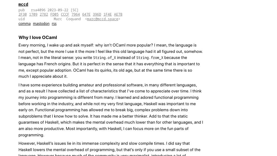 Screenshot of mccd.space: Why I love OCaml (2023)