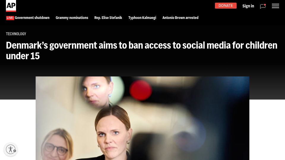 Screenshot of apnews.com: Denmark's government aims to ban access to social media for children under 15