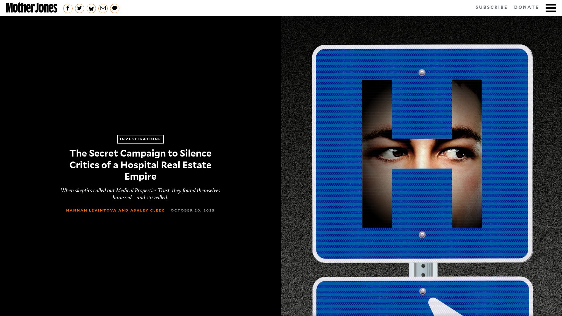Screenshot of motherjones.com: The secret campaign to silence critics of a hospital real estate empire