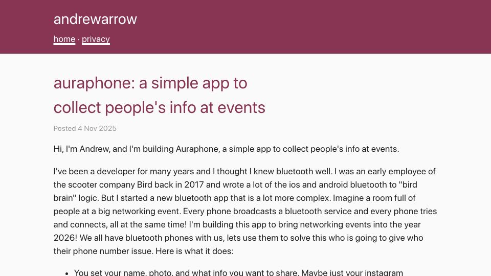 Screenshot of andrewarrow.dev: Auraphone: A simple app to collect people's info at events