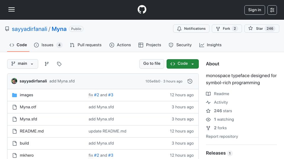 Screenshot of github.com: Myna: Monospace typeface designed for symbol-heavy programming languages
