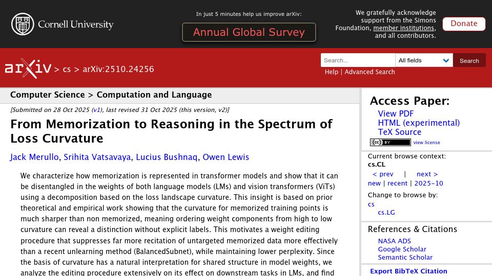 Screenshot of arxiv.org: From Memorization to Reasoning in the Spectrum of Loss Curvature
