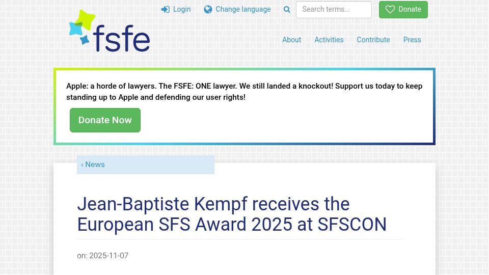 Screenshot of fsfe.org: VLC's Jean-Baptiste Kempf Receives the European SFS Award 2025