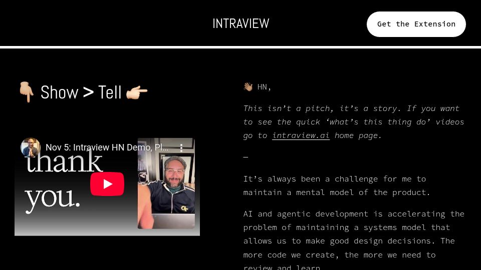Screenshot of intraview.ai: Show HN: Dynamic code and feedback walkthroughs with your coding Agent in VSCode