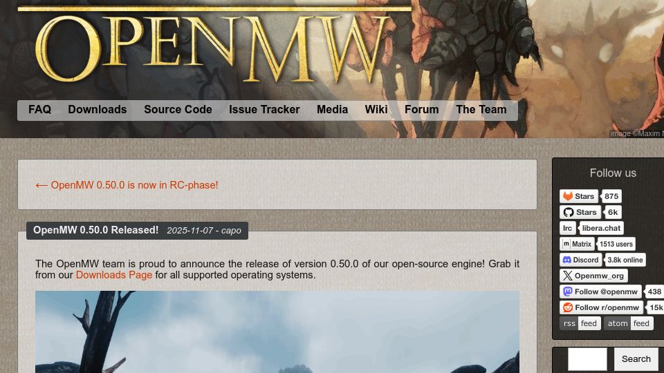 Screenshot of openmw.org: OpenMW 0.50.0 Released – open-source Morrowind reimplementation