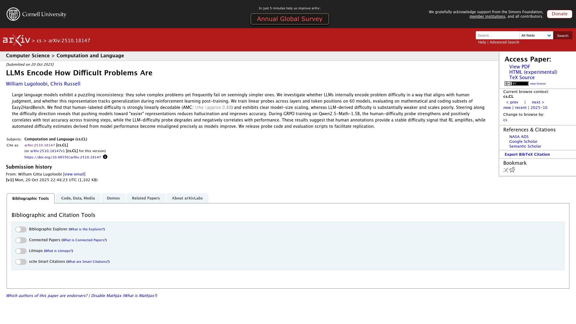Screenshot of arxiv.org: LLMs encode how difficult problems are