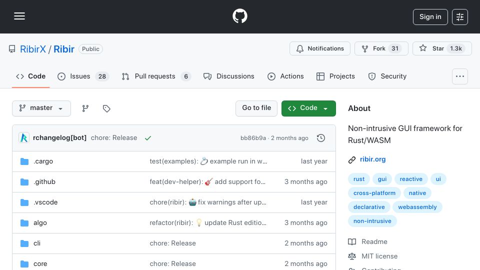 Screenshot of github.com: Ribir: Non-intrusive GUI framework for Rust/WASM