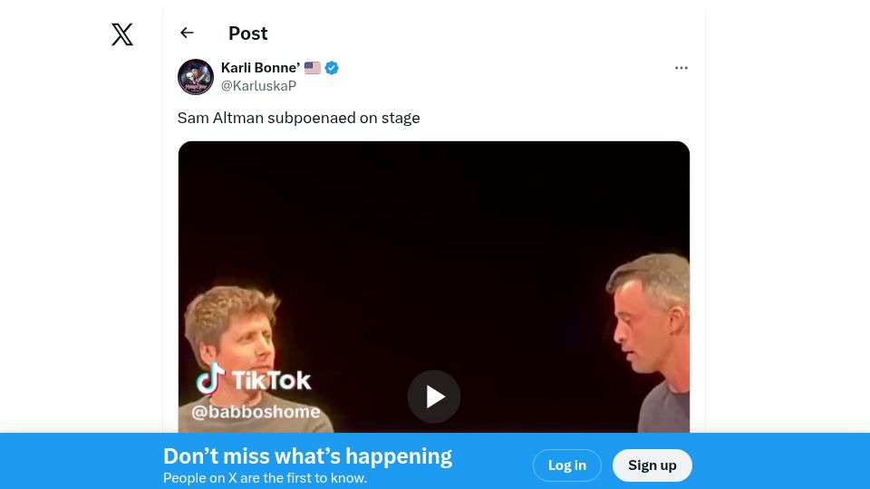 Screenshot of twitter.com: Sam Altman Subpoenaed on Stage