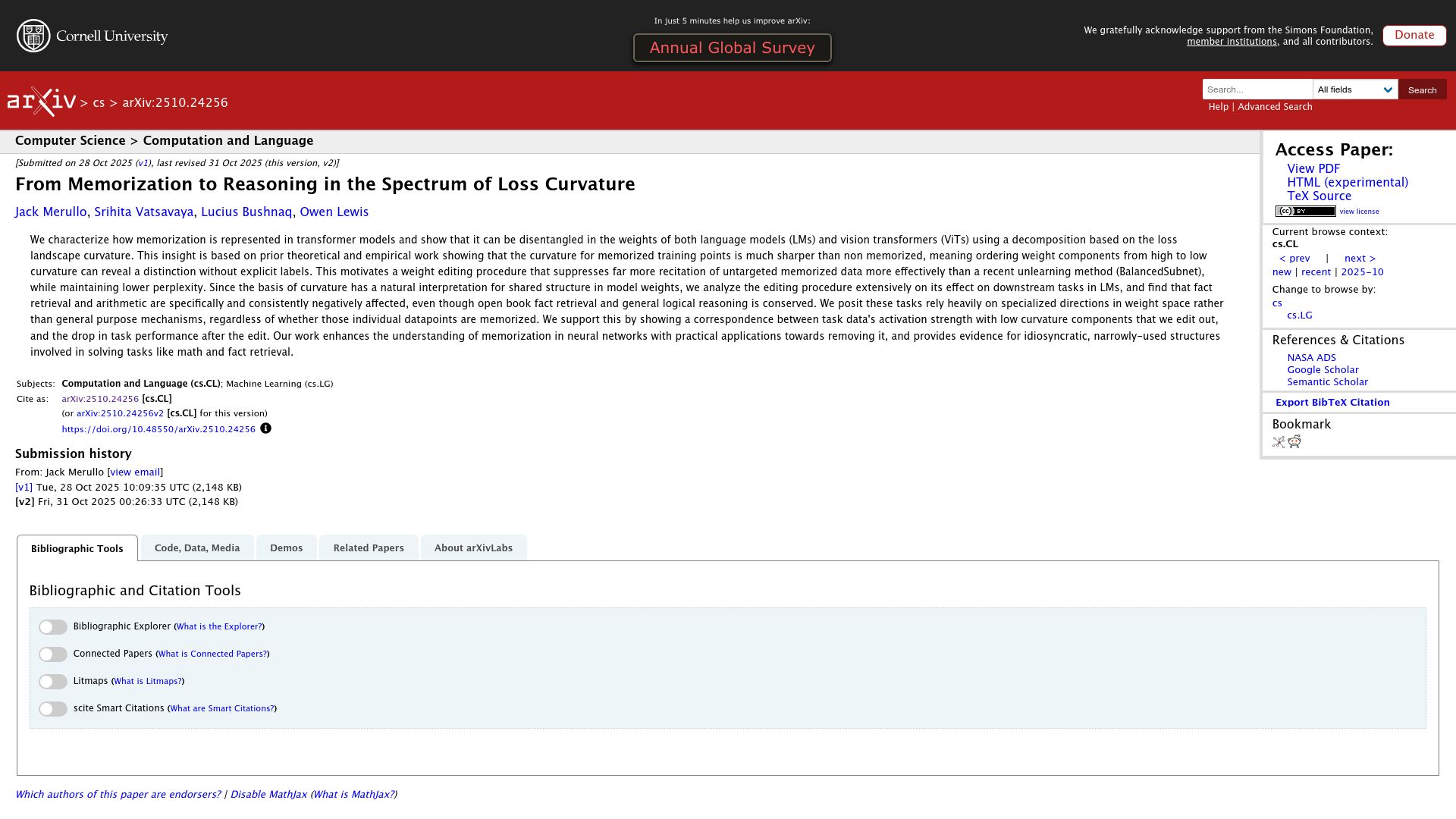 Screenshot of arxiv.org: From Memorization to Reasoning in the Spectrum of Loss Curvature
