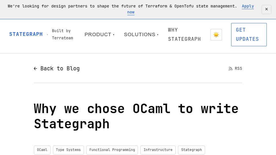 Screenshot of stategraph.dev: We chose OCaml to write Stategraph
