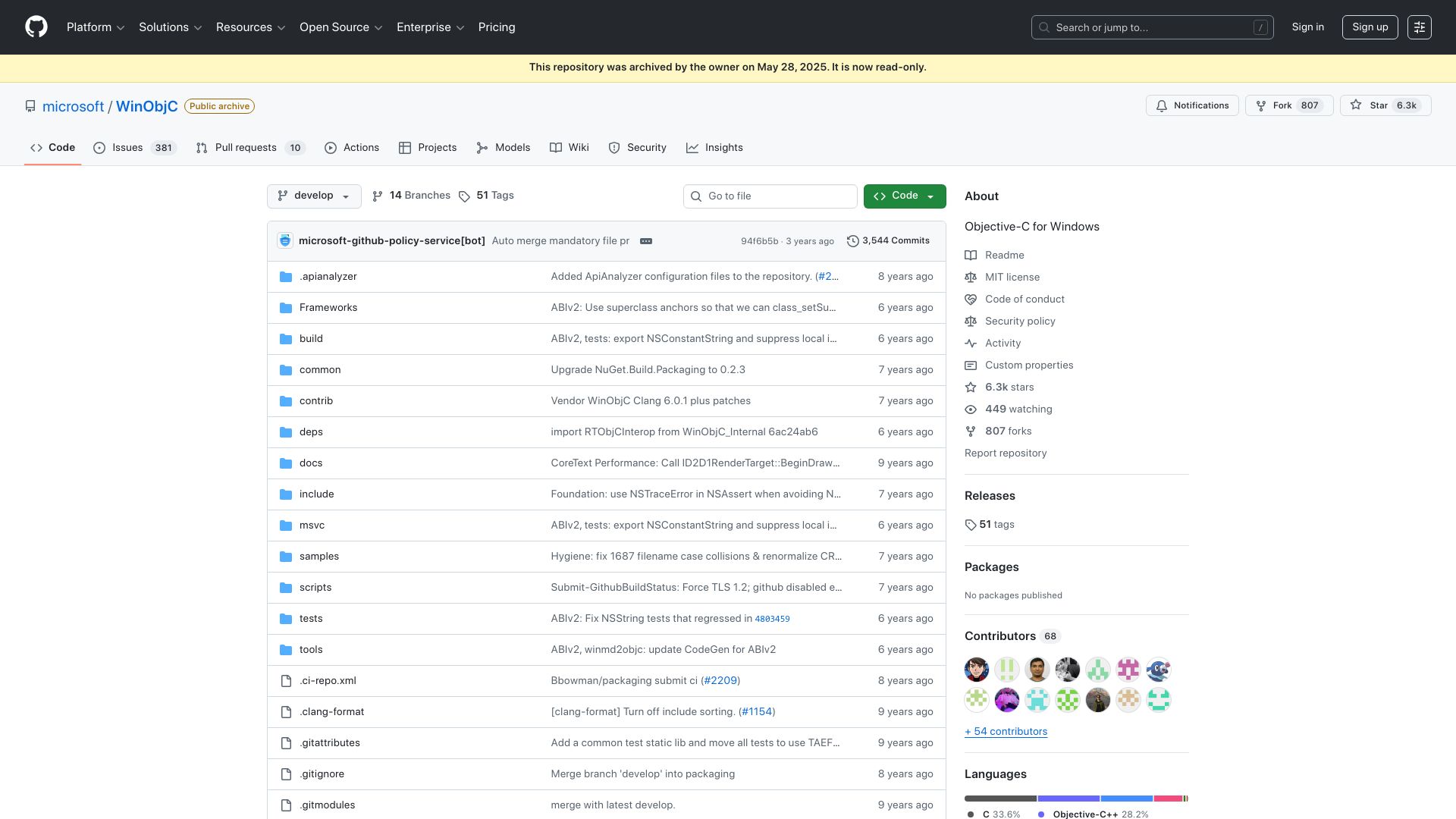 Screenshot of github.com: WinObjC – The Windows Bridge for iOS
