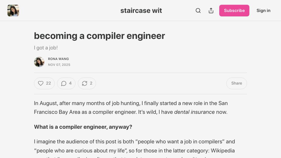 Screenshot of rona.substack.com: Becoming a compiler engineer