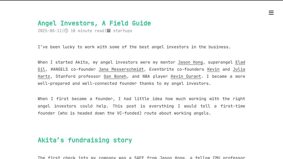 Screenshot of jeanyang.com: Angel Investors, a Field Guide