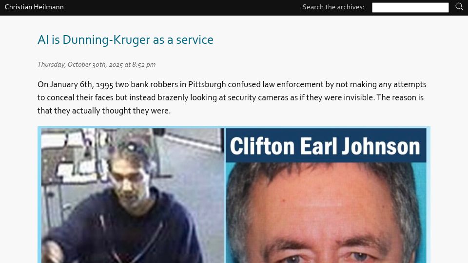 Screenshot of christianheilmann.com: AI is Dunning-Kruger as a service