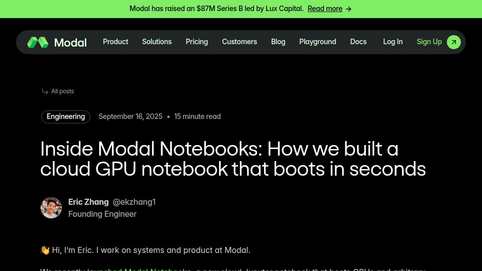 Screenshot of modal.com: We built a cloud GPU notebook that boots in seconds