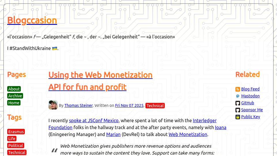 Screenshot of blog.tomayac.com: Using the Web Monetization API for fun and profit