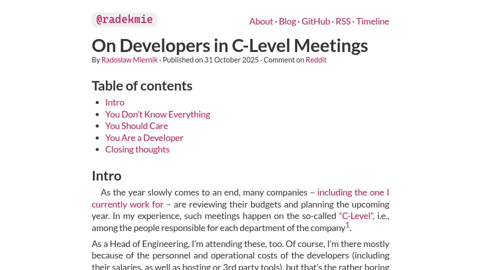 Screenshot of radekmie.dev: Developers in C-Level Meetings