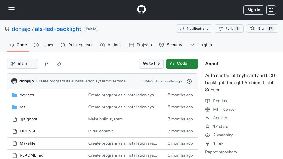 Screenshot of github.com: Show HN: Ambient light sensor control of keyboard and screen brightness in Linux