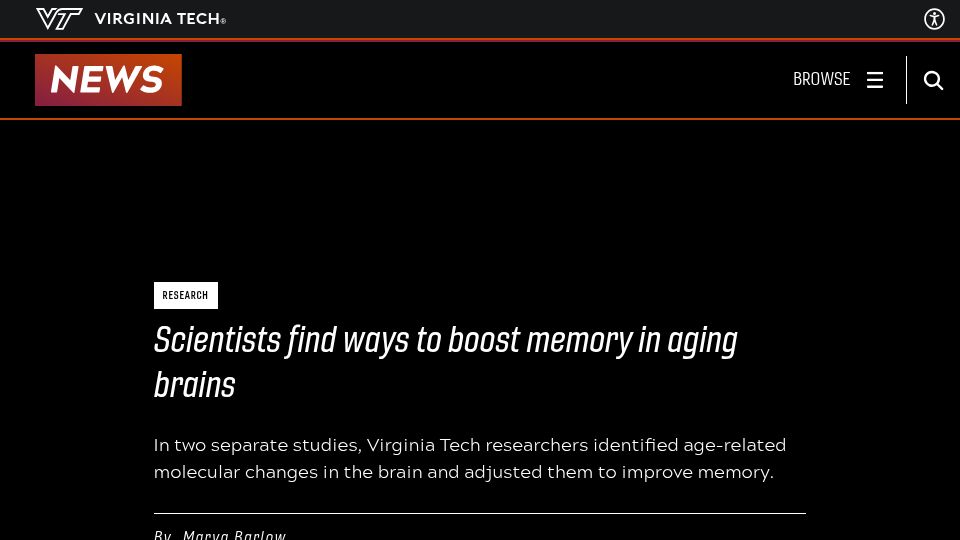 Screenshot of news.vt.edu: Scientists find ways to boost memory in aging brains