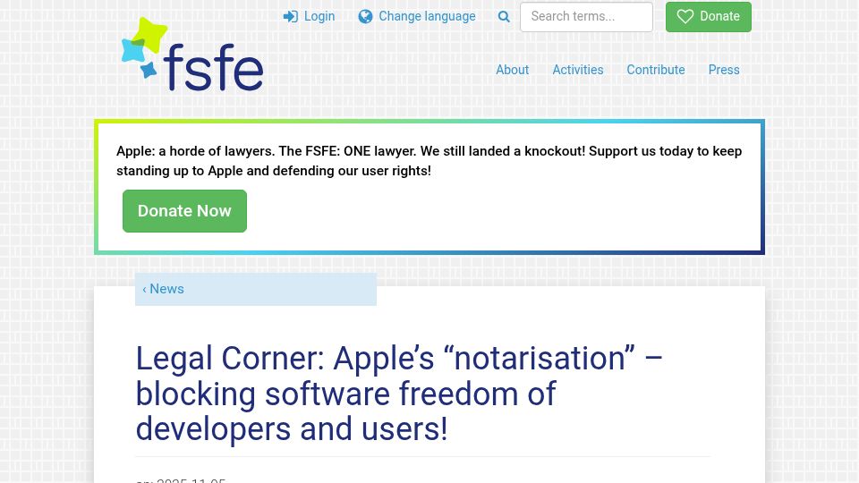 Screenshot of fsfe.org: Apple's "notarisation" – blocking software freedom of developers and users
