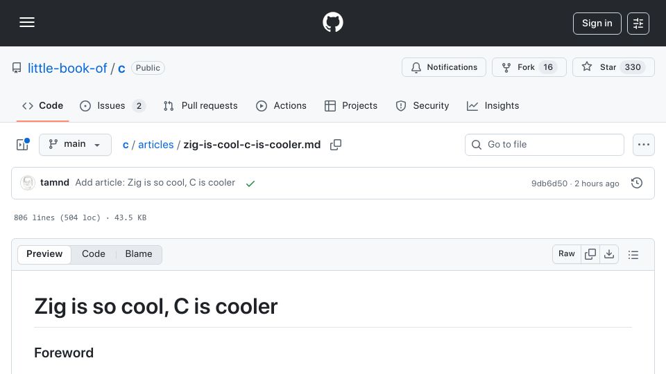 Screenshot of github.com: Zig is so cool, C is cooler