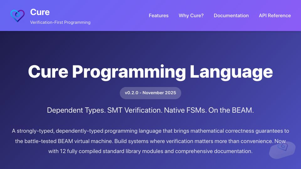 Screenshot of cure-lang.org: Cure – Verification-First Programming for the Beam