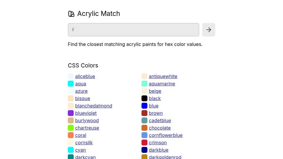 Screenshot of acrylicmatch.com: Show HN: Find matching acrylic paints for any HEX color