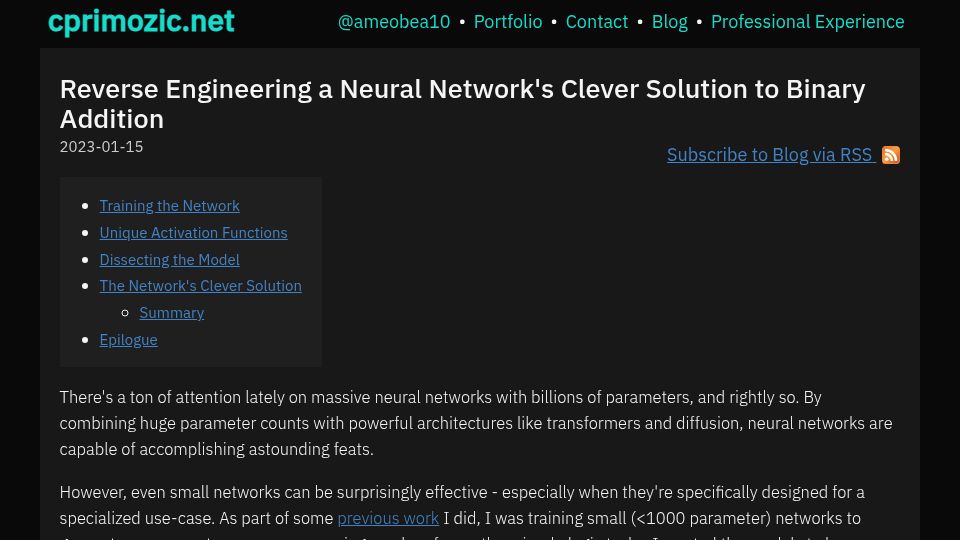 Screenshot of cprimozic.net: Reverse engineering a neural network's clever solution to binary addition (2023)