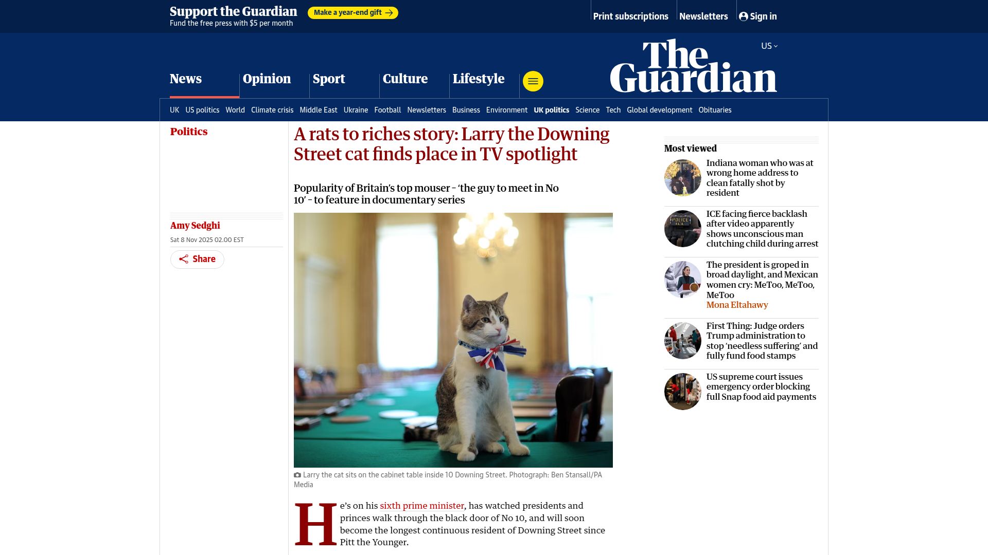 Screenshot of theguardian.com: A rats to riches story: Larry the Downing Street cat finds place in TV spotlight