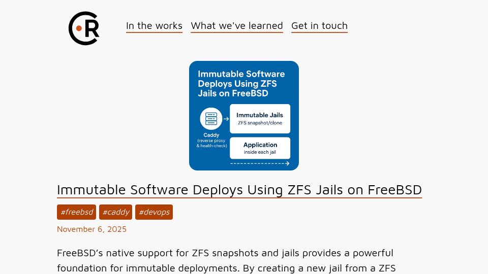 Screenshot of conradresearch.com: Immutable Software Deploys Using ZFS Jails on FreeBSD
