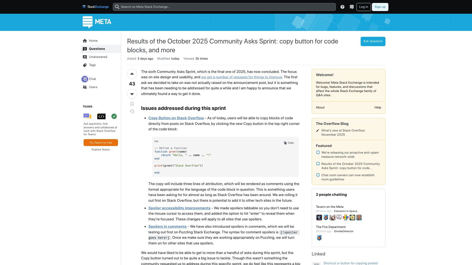 Screenshot of meta.stackexchange.com: Copy button added to Stack Overflow