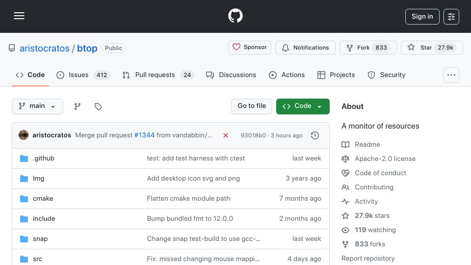 Screenshot of github.com: Btop: A better modern alternative of htop with a gamified interface