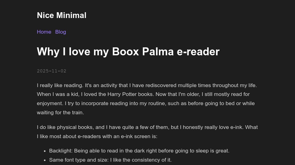 Screenshot of minimal.bearblog.dev: Why I love my Boox Palma e-reader