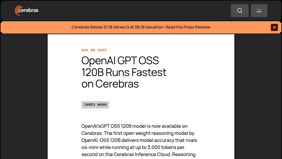 Screenshot of cerebras.ai: GPT-OSS 120B Runs at 3000 tokens/sec on Cerebras