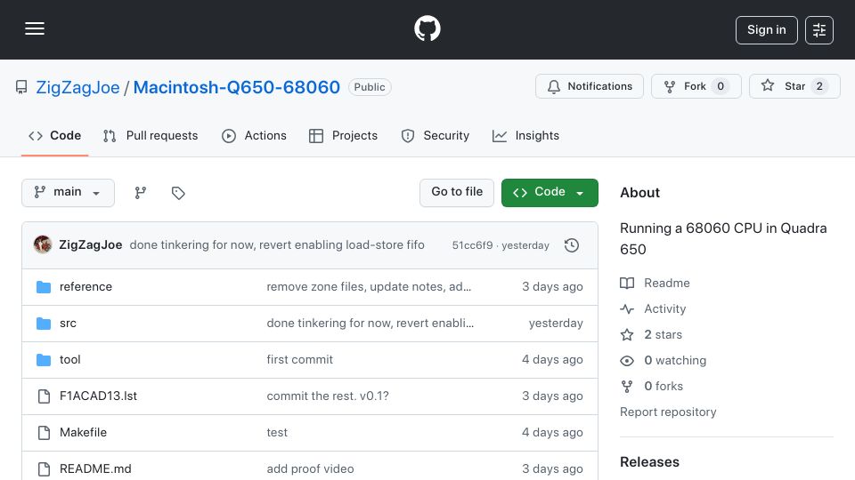 Screenshot of github.com: Running a 68060 CPU in Quadra 650