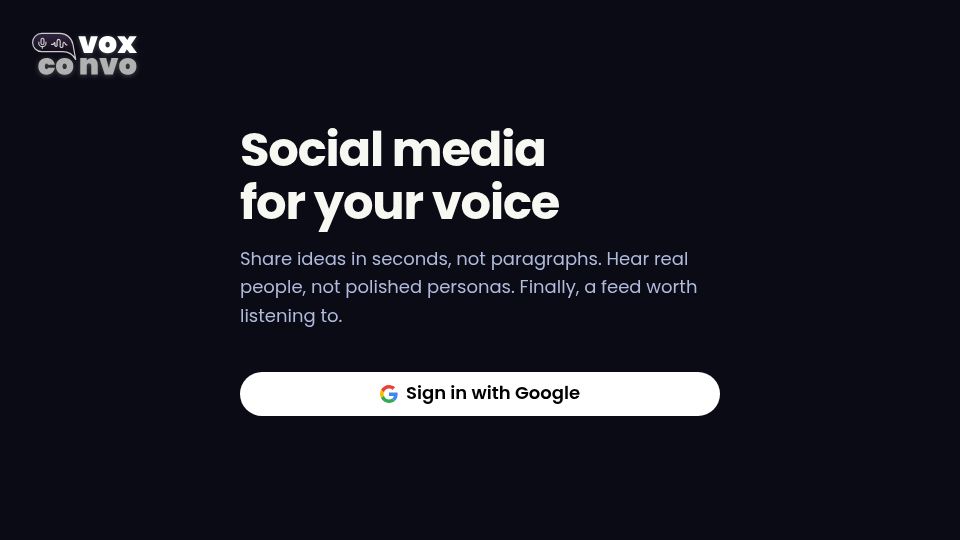 Screenshot of voxconvo.com: Show HN: VoxConvo – "X but it's only voice messages"