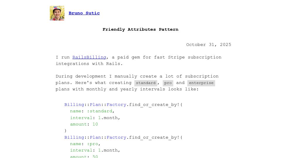 Screenshot of brunosutic.com: Friendly attributes pattern in Ruby