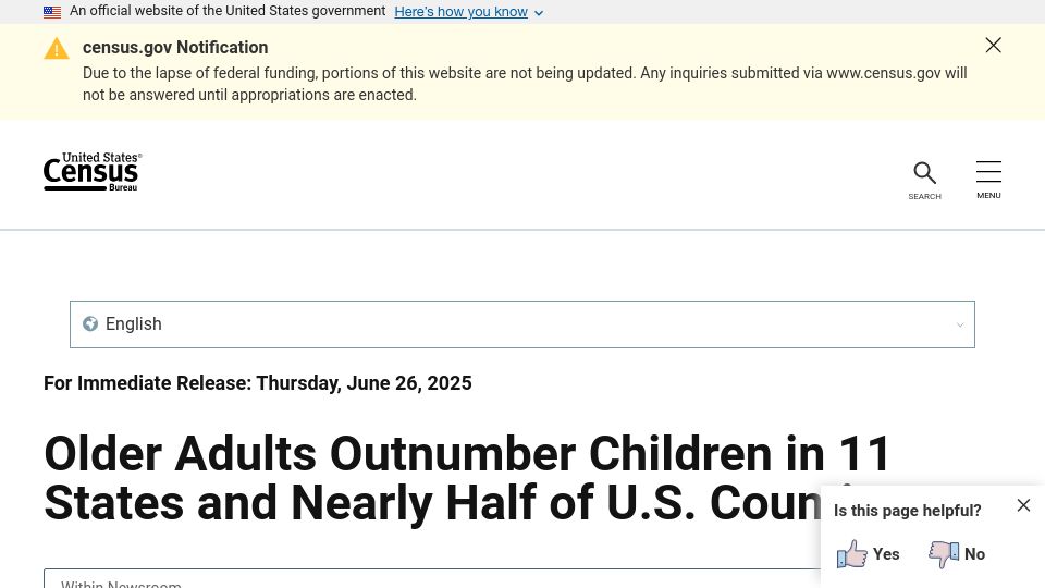 Screenshot of census.gov: Older Adults Outnumber Children in 11 States